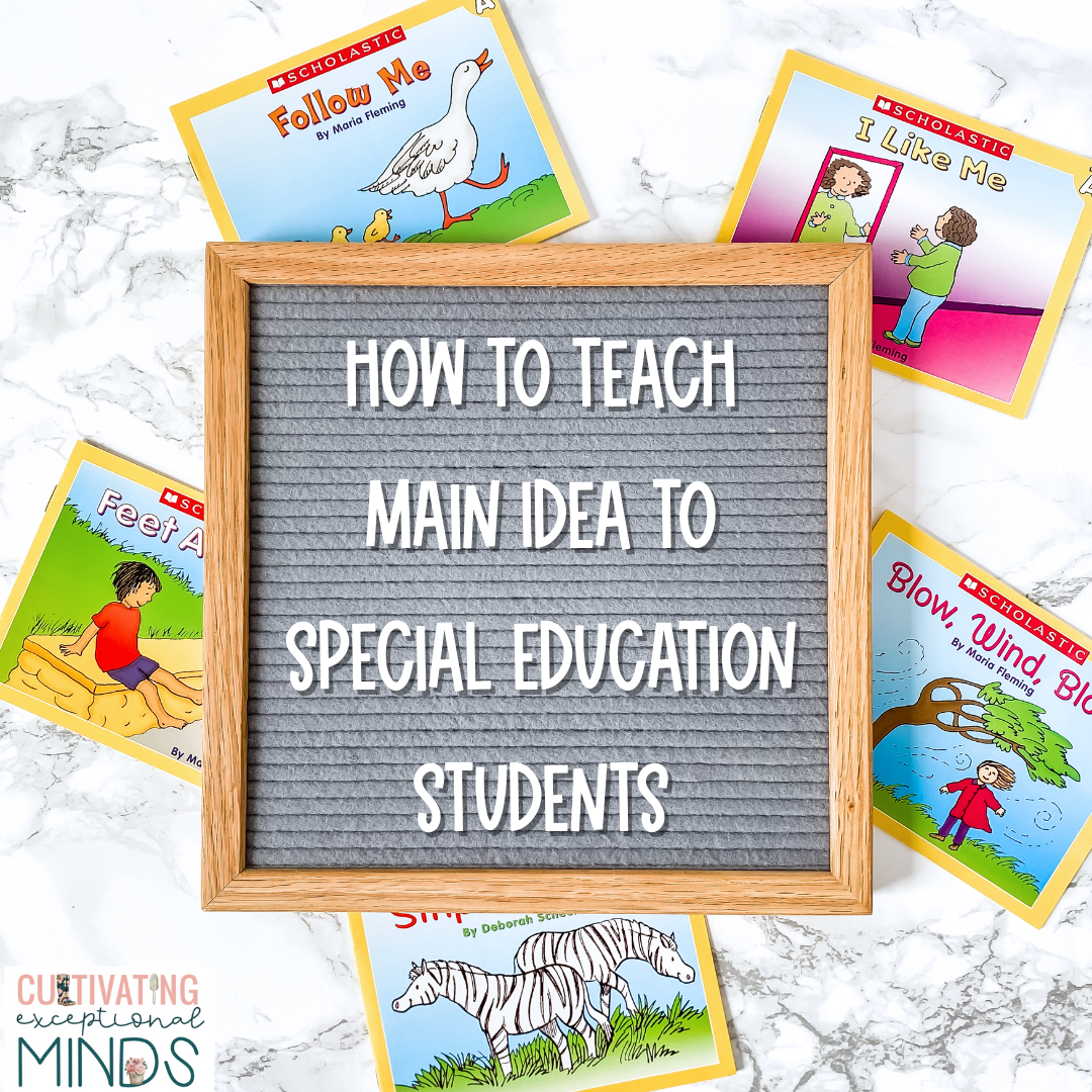 How to Teach Main Idea to Special Education Students Letter board surrounded by books showing blog title