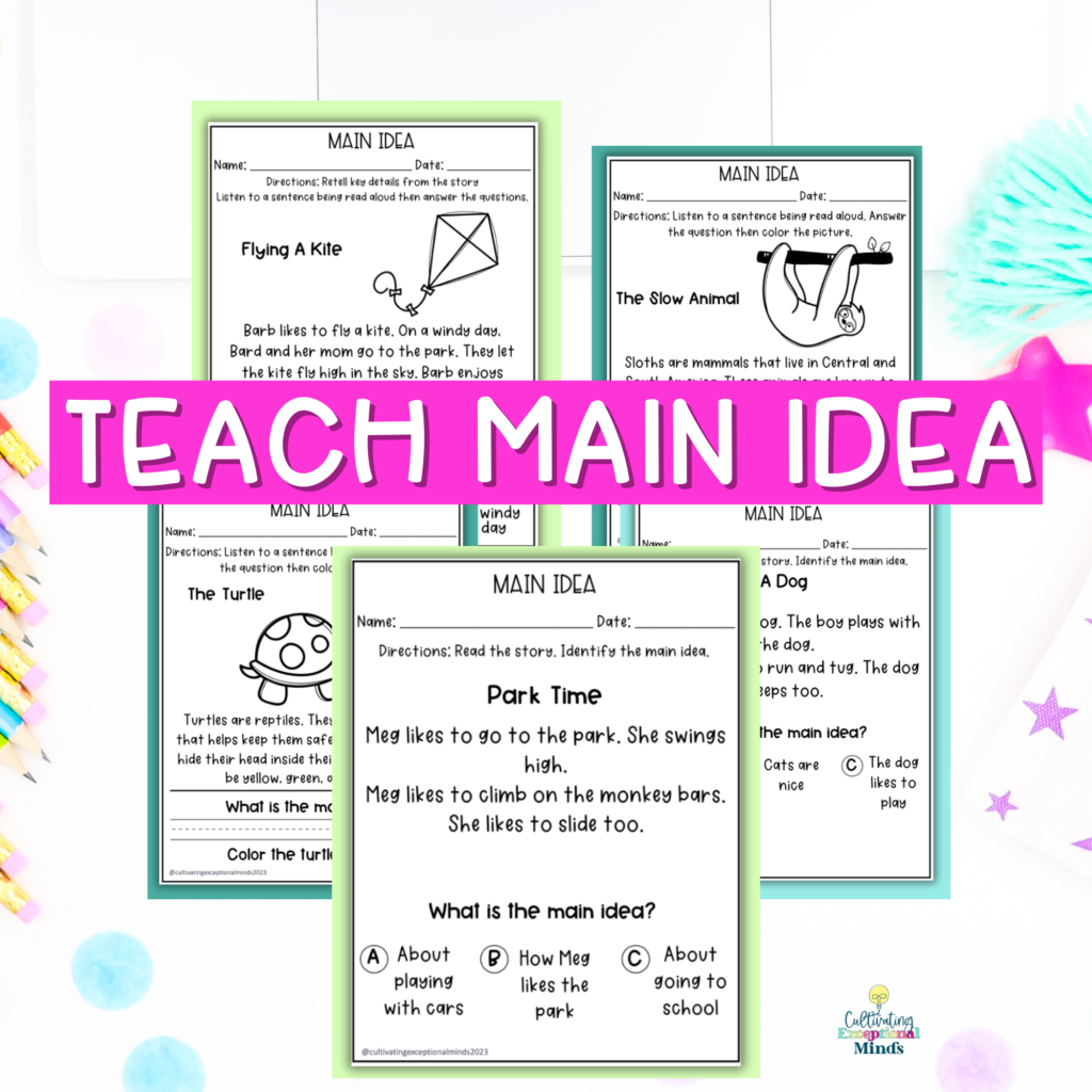 Collection of main idea worksheets featuring various reading exercises and tasks designed to enhance comprehension skills in students.