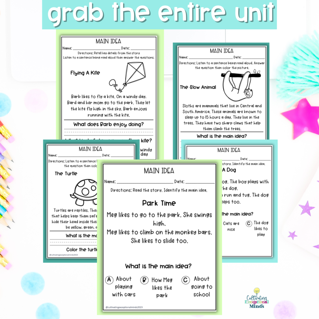 Collection of main idea worksheets featuring various reading exercises and tasks designed to enhance comprehension skills in students.